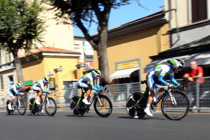 Emma Johansson leads the Orica - AIS team to bronze