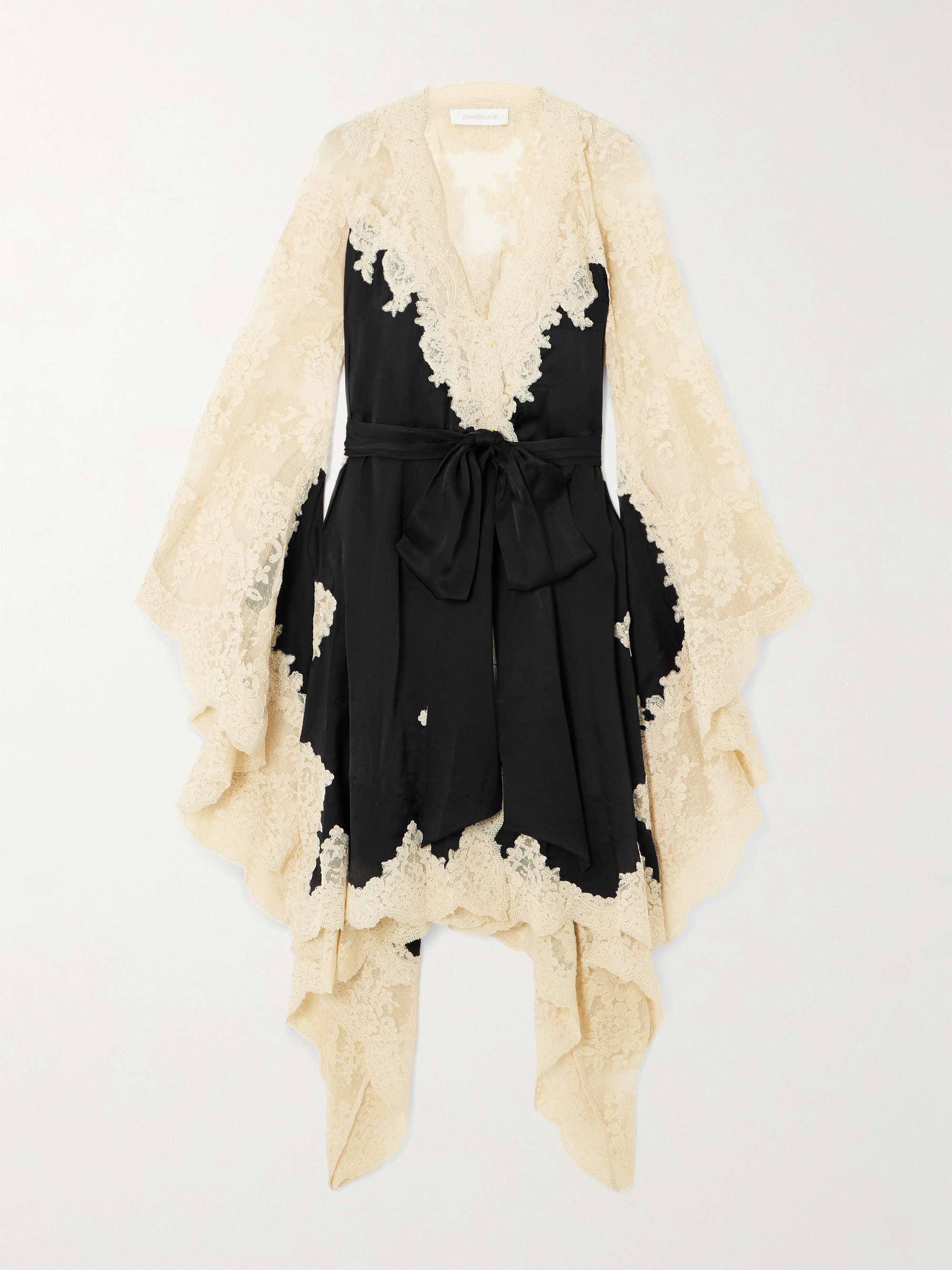 Hypnotic Belted Lace-Trimmed Satin Mini Dress