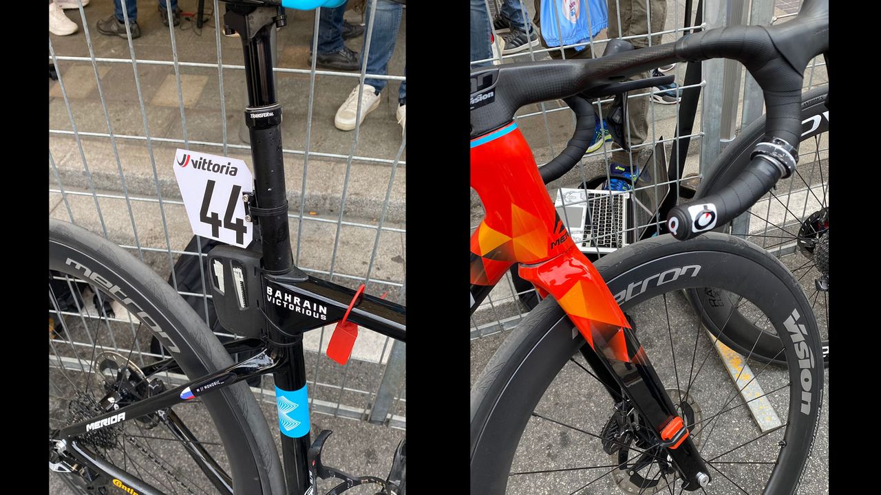 A close up of the dropper post and lever on Matej Mohoric's bike