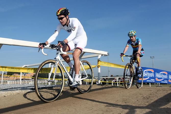 World Cup leader Wietse Bosmans (Belgium) resplendent in his white skinsuit