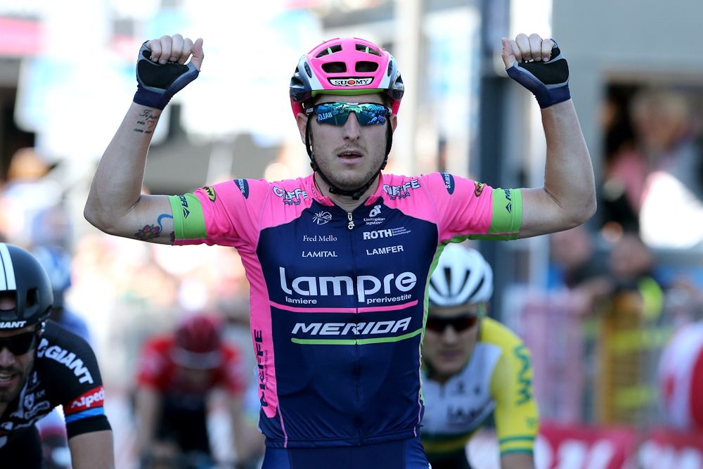 sacha Modolo salutes his second win of the 2015 Giro d'Italia.