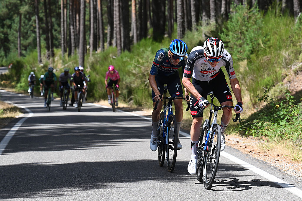 Gianmarco Garofoli of Italy and Team Soudal Quick-Step and Kevin Vermaerke of United States and UAE Team Emirates - XRG attack in the breakaway during the 48th Vuelta a Burgos 2026, Stage 5