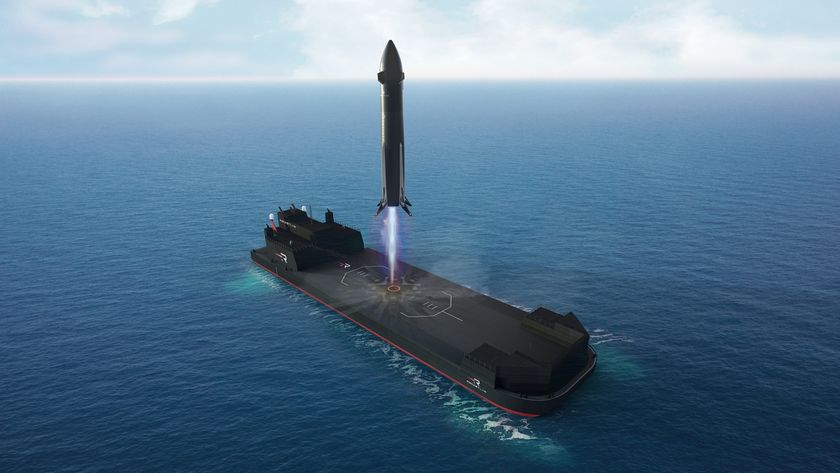 a black rocket lands on a barge at sea for Rocket Lab