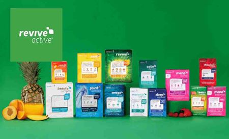 revive active logo top left with a assortments of vitamins