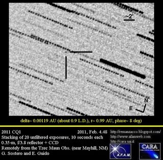 The newly discovered object, officially designated 2011 CQ1, is shown in this image from Tzec Maun Observatory in New Mexico.