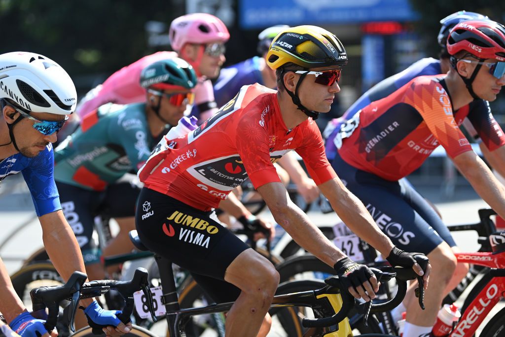 GUILIN CHINA OCTOBER 17 Milan Vader of The Netherlands and Team JumboVisma Red Leader Jersey competes during the 4th GreeTour of Guangxi 2023 Stage 6 a 1683km stage from Guilin to Guilin UCIWT on October 17 2023 in Guilin China Photo by Tim de WaeleGetty Images