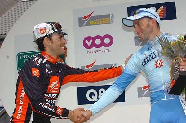 Good ride mate! Valverde congratulates Rebellin on his second Fl&egrave;che Wallonne win.