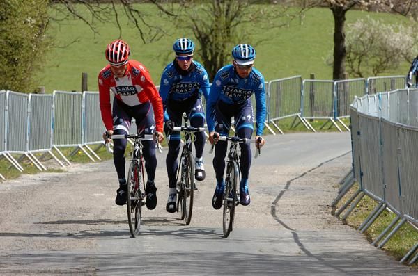 Danish champion Nicki S&oslash;rensen and two Saxo Bank teammates climb C&ocirc;te de La Redoute