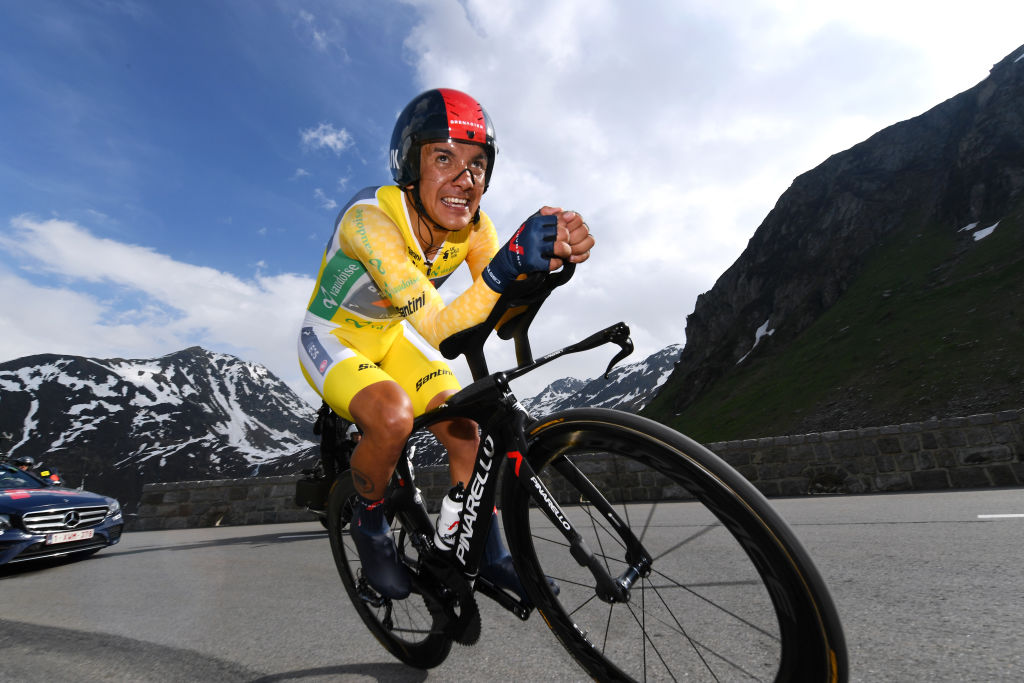 ANDERMATT SWITZERLAND JUNE 12 Richard Carapaz of Ecuador and Team INEOS Grenadiers Yellow Leader Jersey during the 84th Tour de Suisse 2021 Stage 7 a 232km Individual Time Trial stage from DisentisSedrun to Andermatt ITT Mountains Snow Landscape UCIworldtour tds tourdesuisse on June 12 2021 in Andermatt Switzerland Photo by Tim de WaeleGetty Images