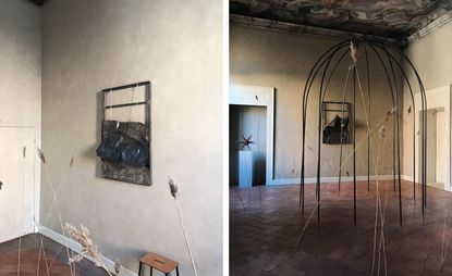 Installations, paintings and sculptures in a room