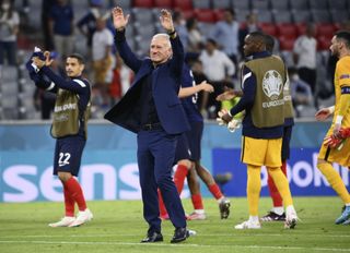 France’s manager Didier Deschamps celebrates after the Euro 2020 win against Germany