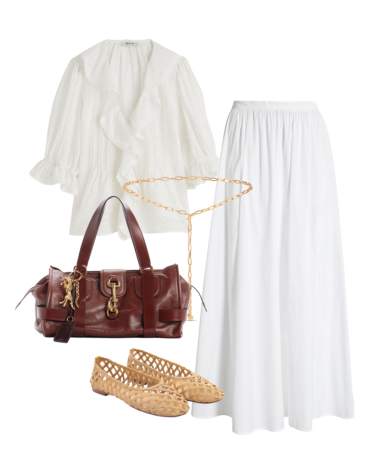 collage of white blouse, white skirt, chloe bag, and raffia flats