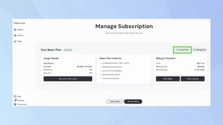 Cancel Plan highlighted in Manage Subscription. 