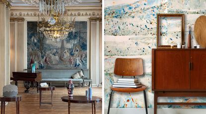 Two side-by-side interior photos - The first photo is of a room with a large painting of multiple people, a chandelier, three round dark wood tables, a long seat, a chair and a piano. And the second photo is of a space with multicoloured marble patterned wallpaper, a wooden chair with books on it and a wooden cabinet with various items on top