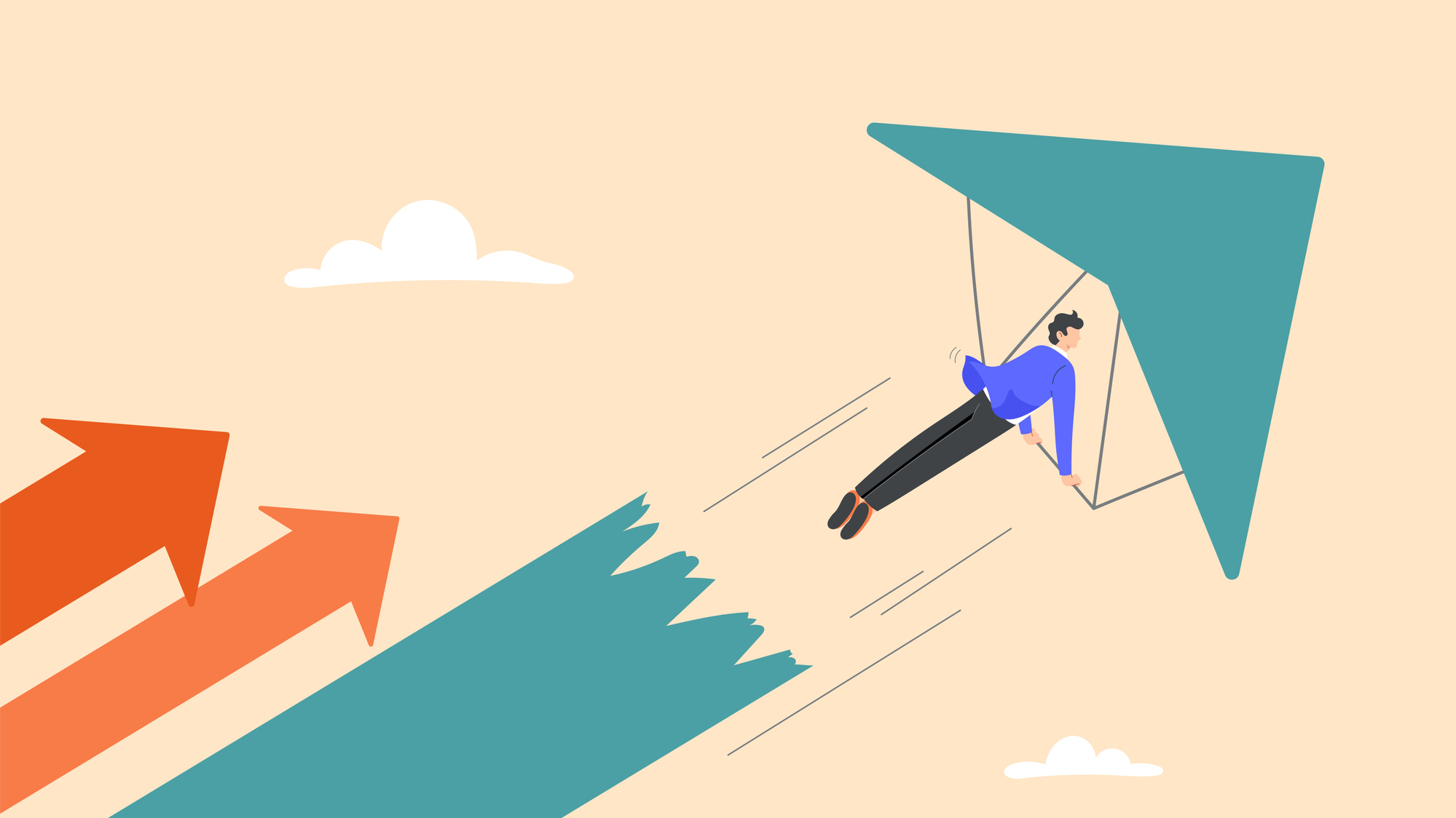 Illustration of a man paragliding under a green arrow angled upwards
