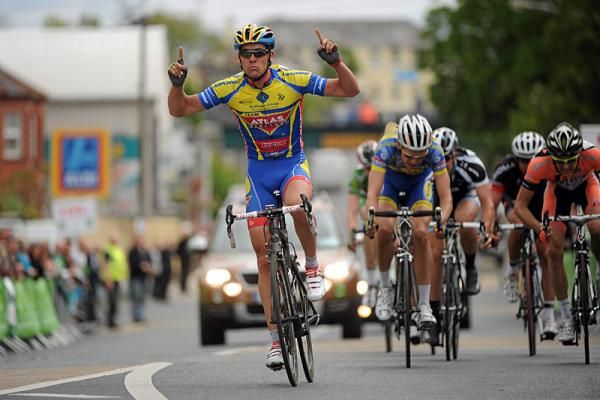 Pirmin Lang (Atlas Jakroo) celebrates winning the second stage of the 2012 An Post R&aacute;s, into Gort, Co. Galway.