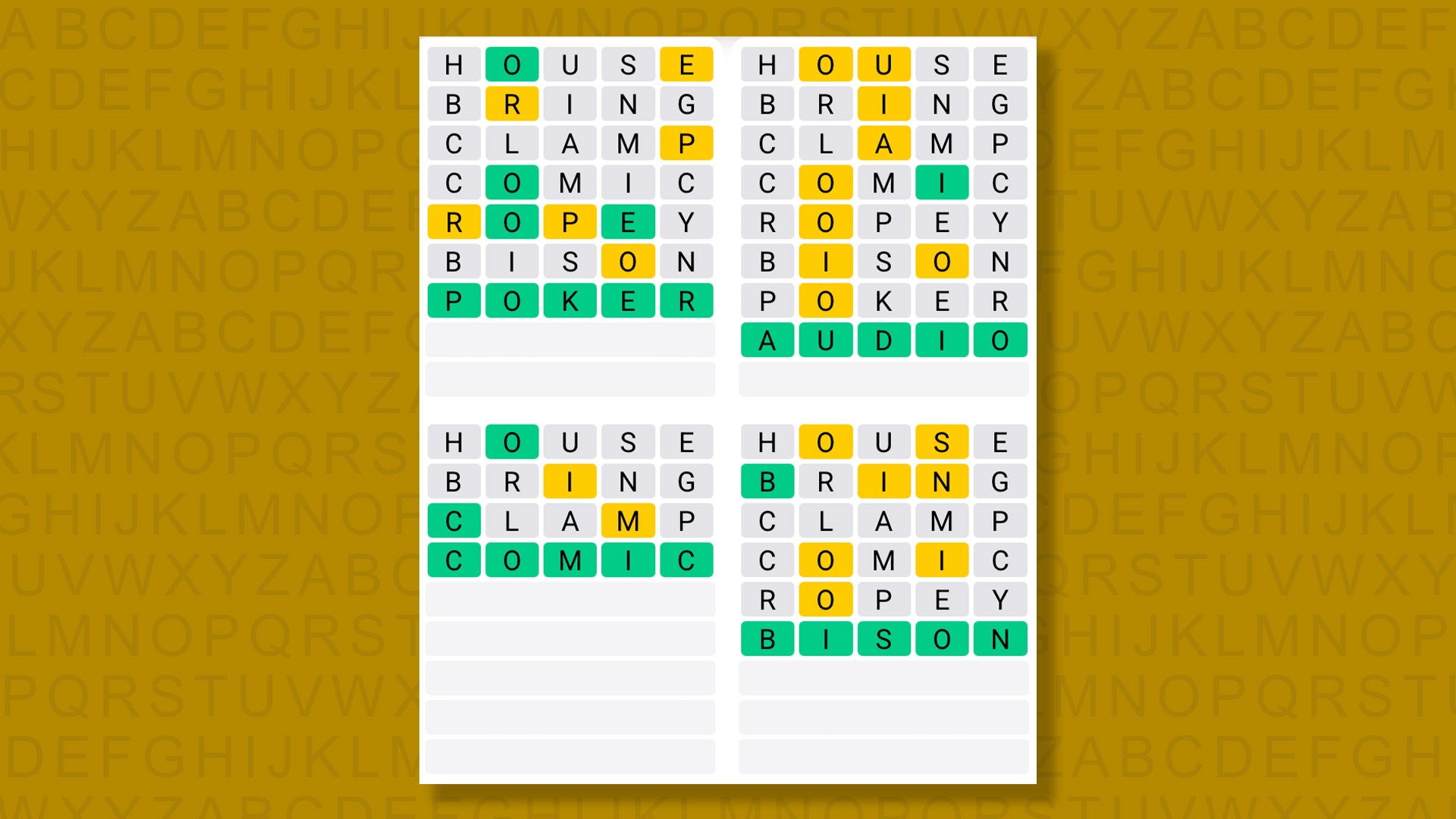 Quordle answers for game 1427 on a yellow background