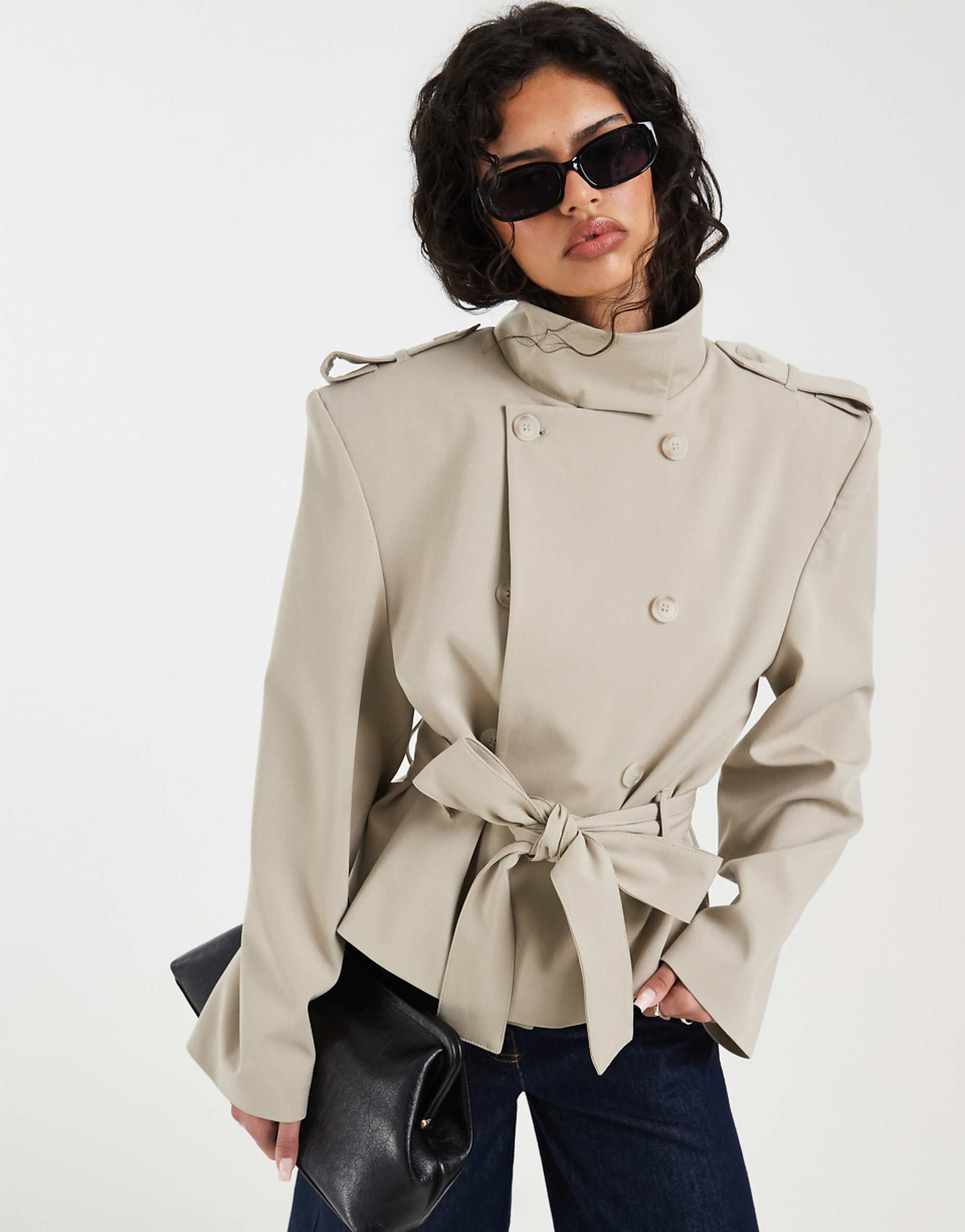 Asos Design Extreme Shoulder Crop Trench in Stone
