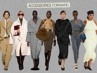 A collage of strong accessories from the F/W 24 runways, including images from Schiaparelli, Bottega Veneta, Erdem, Saint Laurent, Carven, Chloé, and Altuzarra