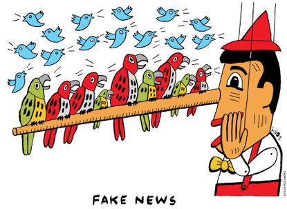 Political cartoon U.S. Pinocchio fake news twitter
