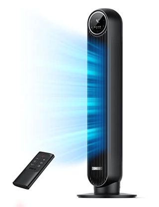 Black Dreo Tower Fan with remote control on white background