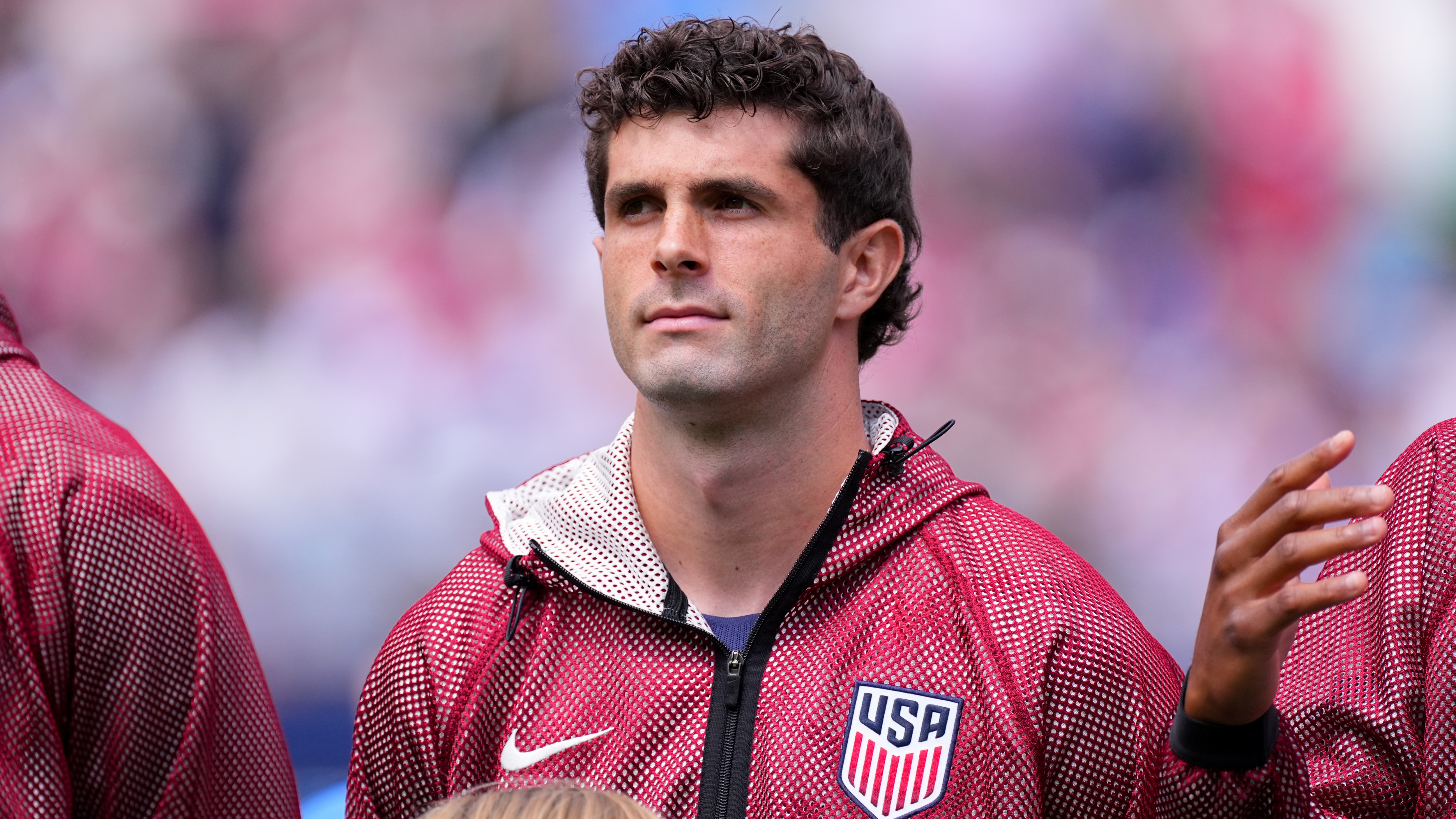 Christian Pulisic #10 of the U.S. stands at the national anthem during a game between Senegal and the U.S. at Bank of America Stadium on May 31, 2026 in Charlotte, North Carolina.