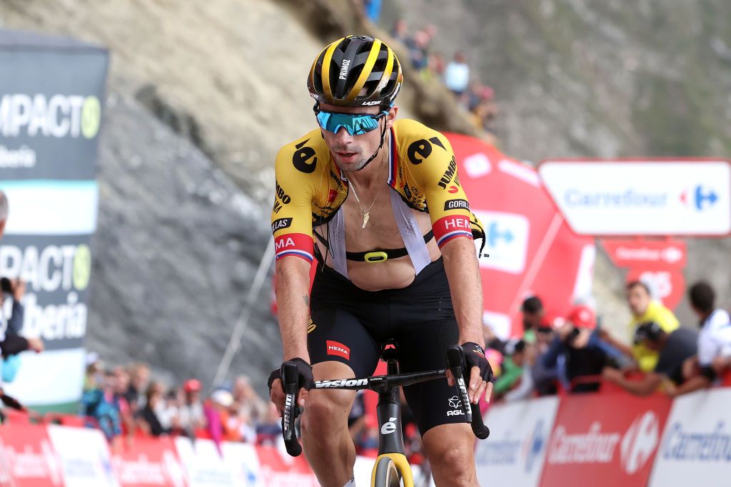 COL DU TOURMALET FRANCE SEPTEMBER 08 Primo Roglic of Slovenia and Team JumboVisma crosses the finish line as third place during the 78th Tour of Spain 2023 a 1347km stage from Formigal Huesca la Magia to Col du Tourmalet 2115m UCIWT on September 08 2023 in Col du Tourmalet France Photo by Alexander HassensteinGetty Images
