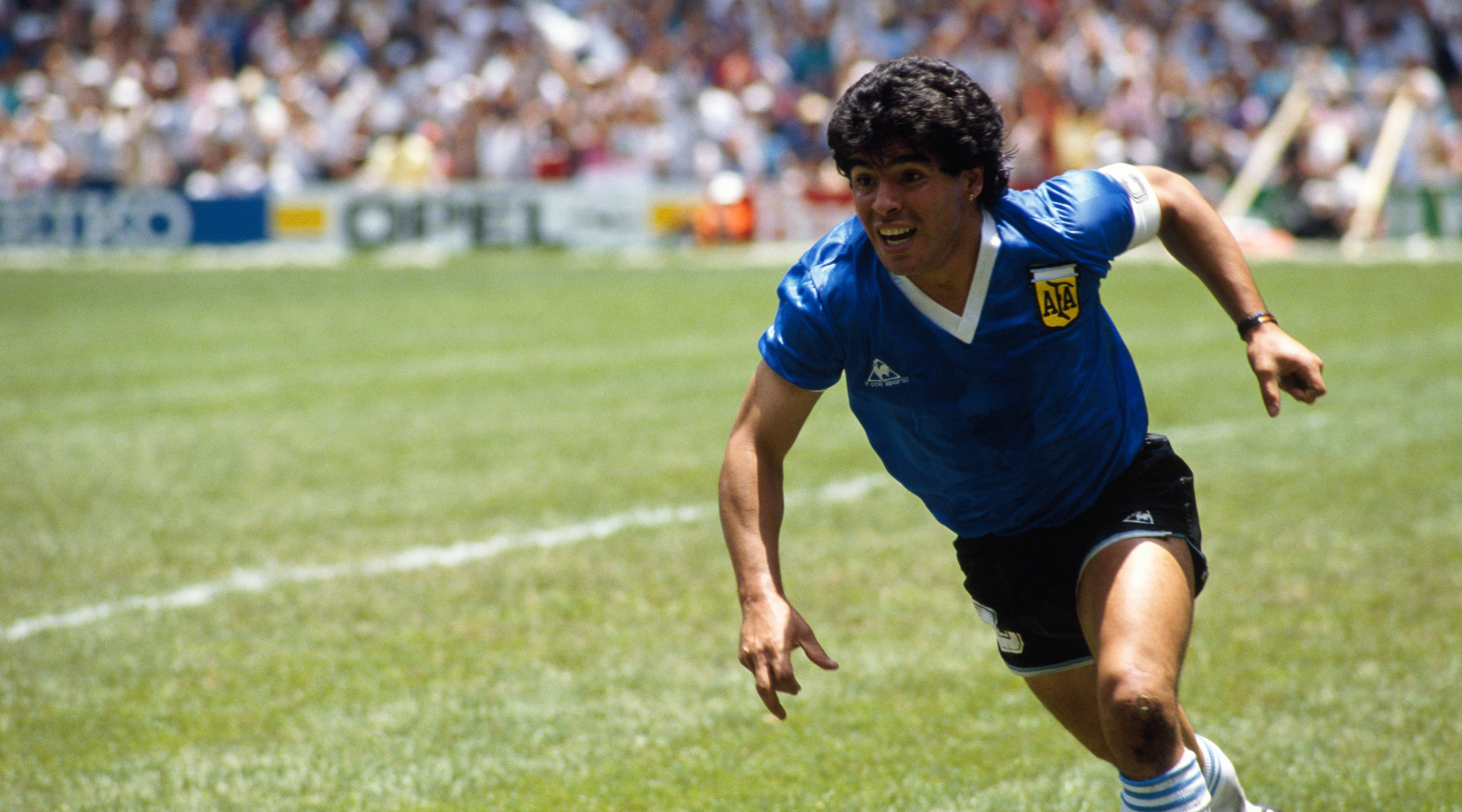 Diego Maradona from Argentina celebrates after scoring his second goal against England in a quarterfinal match of the 1986 FIFA World Cup. (Photo by Jean-Yves Ruszniewski/Corbis/VCG via Getty Images)