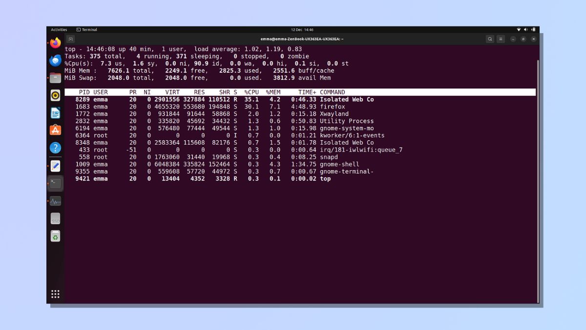 снимок экрана, показывающий, как узнать загрузку ЦП в Linux — сортировка по столбцам