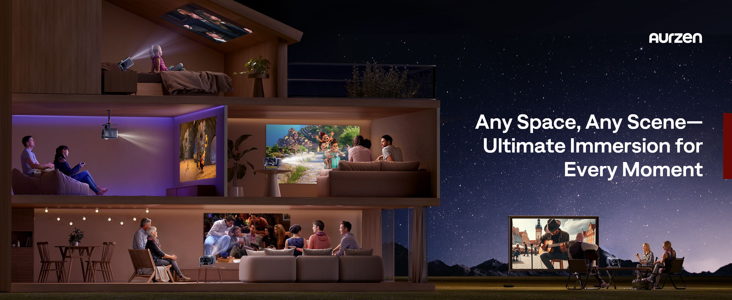 An Aurzen boom mini projector used in several rooms of the home, including outside