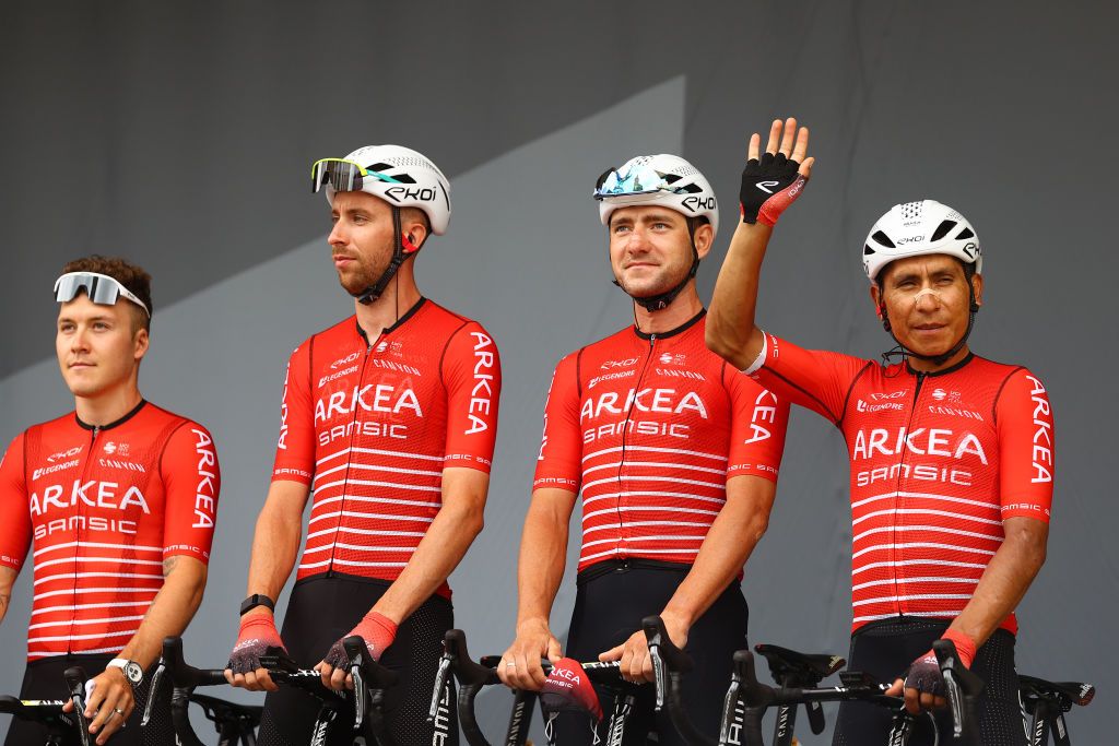 CAHORS FRANCE JULY 22 LR Hugo Hofstetter of France Amaury Capiot of Belgium Lukasz Owsian of Poland and Nairo Alexander Quintana Rojas of Colombia and Team Arka Samsic wearing the womens team jersey they will wear in the 1st edition of the Tour de France during the team presentation prior to the 109th Tour de France 2022 Stage 19 a 1883km stage from CastelnauMagnoac to Cahors TDF2022 WorldTour on July 22 2022 in Cahors France Photo by Michael SteeleGetty Images