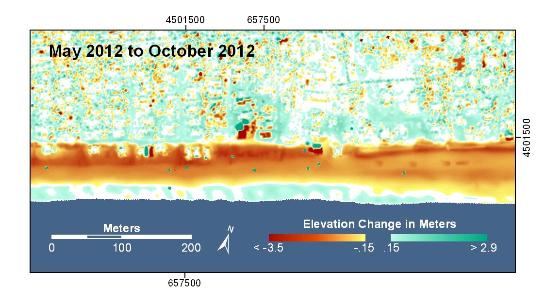 This USGS lidar image shows extensive erosion occurred at Ocean Bay Park on Fire Island.