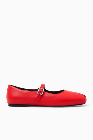 Pleated Leather Mary-Jane Ballet Flats