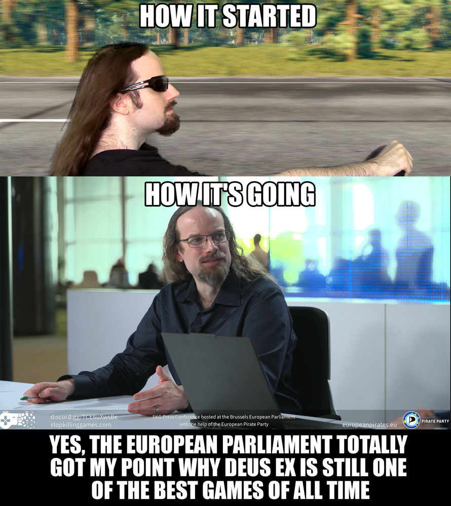 Images of Stop Killing Games founder Ross Scott in the the How It Started/How It's Going meme format