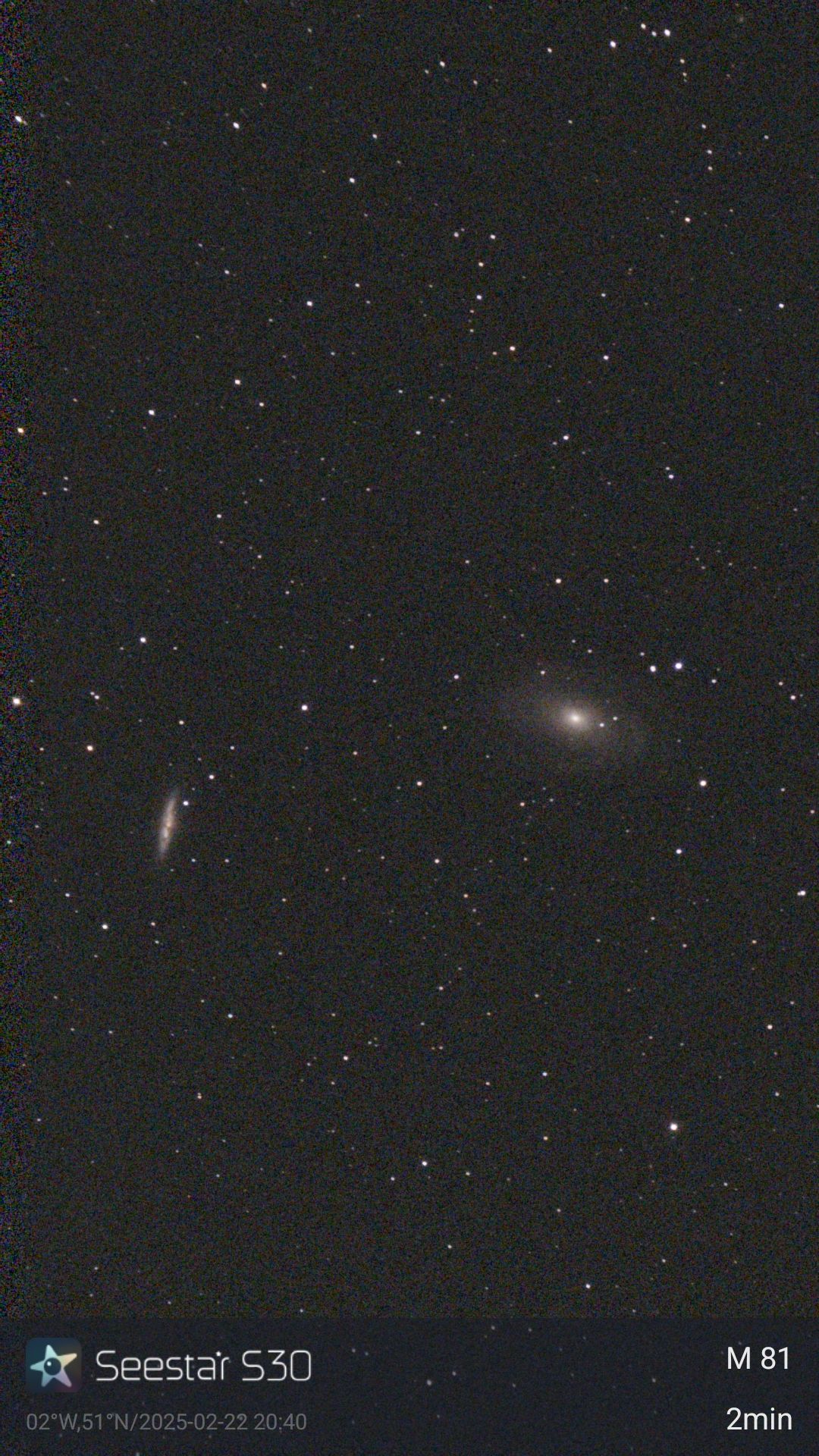 Astro shot of Messier 81 and Messier 82 taken with the ZWO Seestar S30 smart telescope.