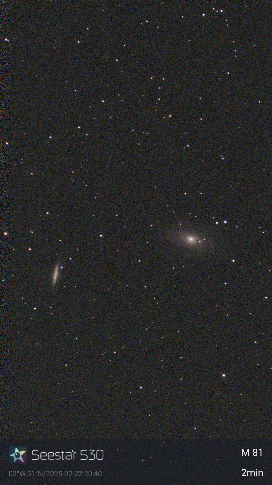 Astro shot of Messier 81 and Messier 82 taken with the ZWO Seestar S30 smart telescope.