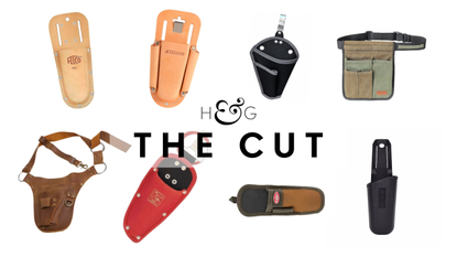 A range of pruning shear holsters and gardening belts in materials including leather, canvas, and plastic