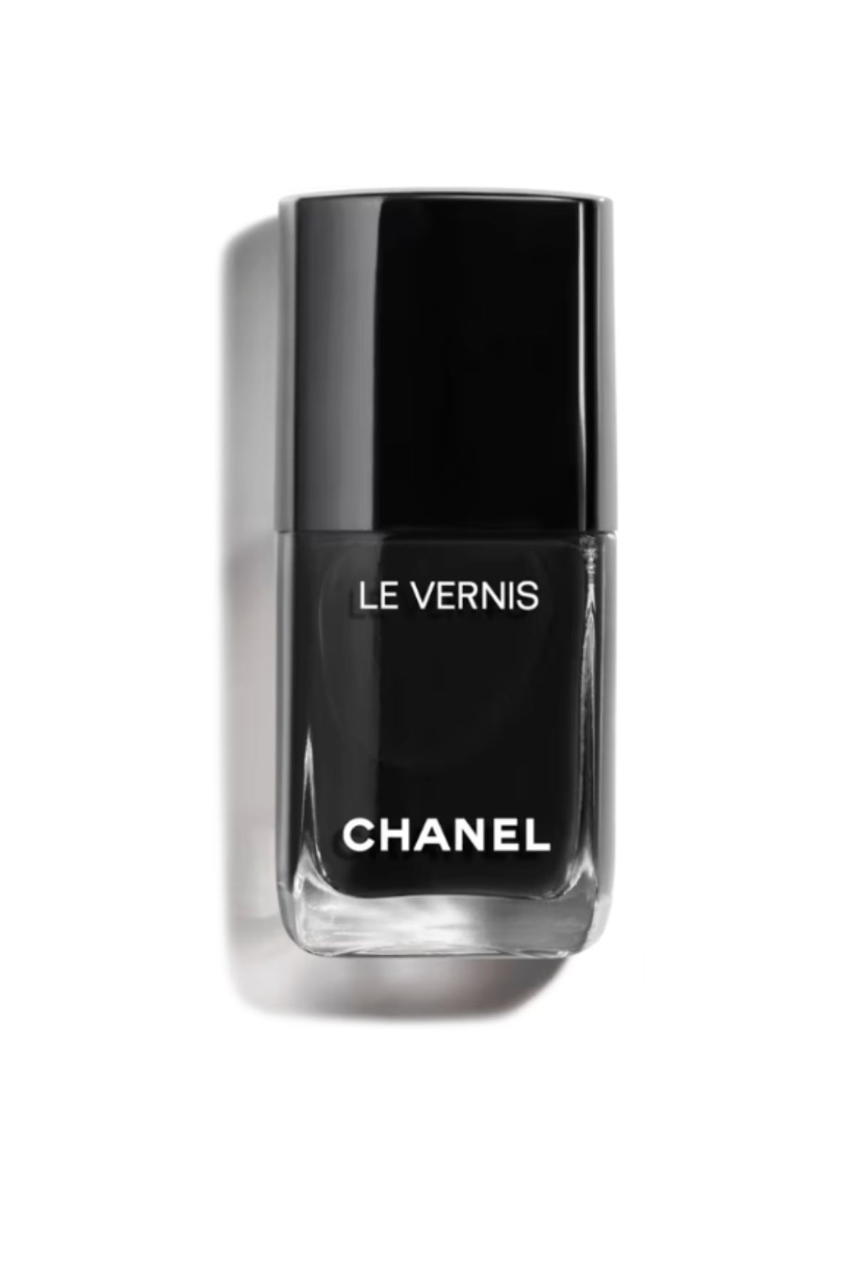 a bottle of black nail polish with white text that says "Chanel"