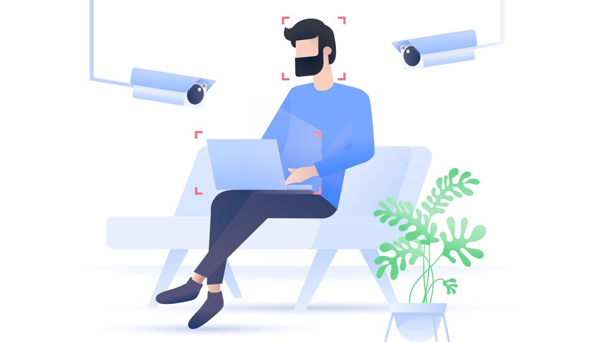 Illustration of a man being surveilled on his laptop