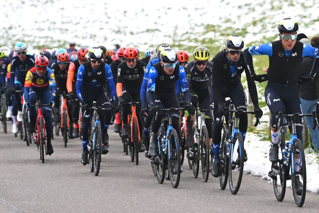 FRIBOURG SWITZERLAND APRIL 24 LR Remi Cavagna of France and Jorge Arcas of Spain and Movistar Team compete during the 77th Tour De Romandie 2024 Stage 1 a 1657km stage from Chateau dOex to Fribourg UCIWT on April 24 2024 in Fribourg Switzerland Photo by Luc ClaessenGetty Images