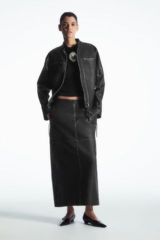 Panelled Leather Racer Midi Skirt