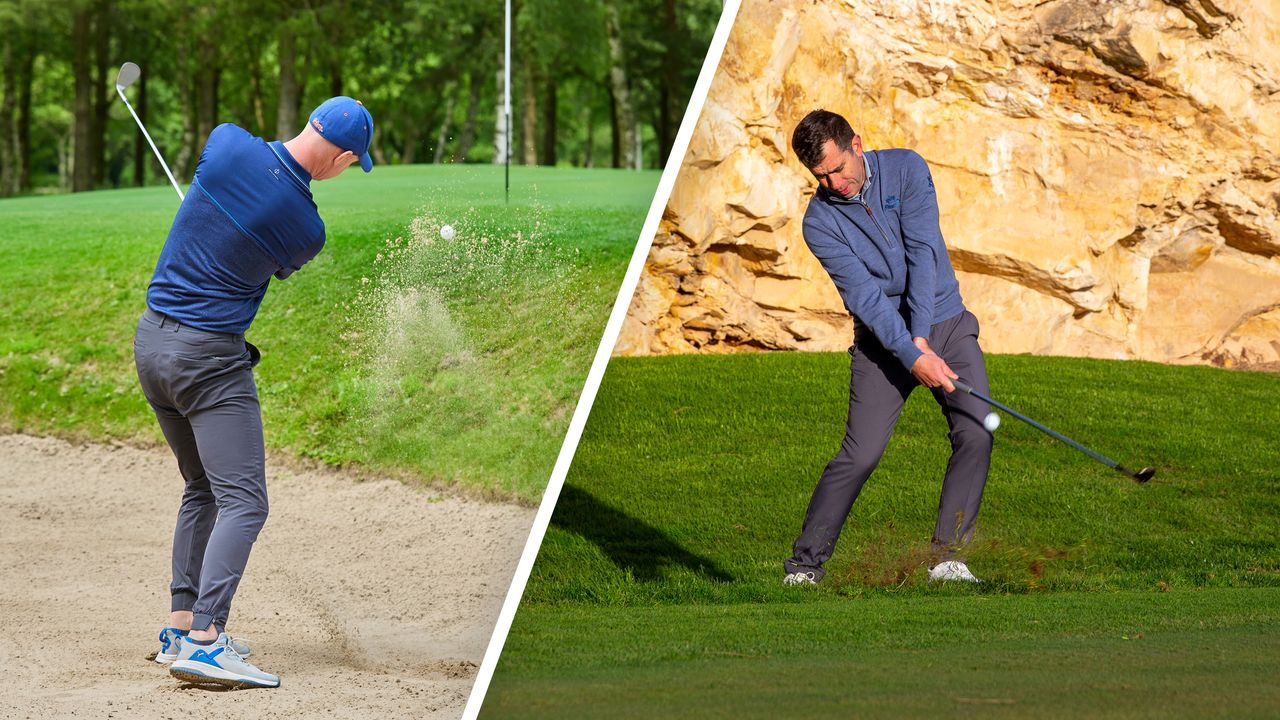 Ged Walters and Dan Grieve hitting shots around the green, from the bunker and the rough