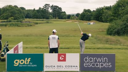 Golfer hitting a tee shot in the Trilby Tour