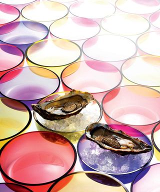 Daniel Buren’s oysters and truffle in colourful glass bowls
