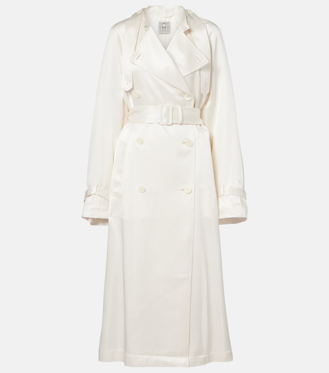 Belted Double-Breasted Satin Trench Coat in White - Toteme