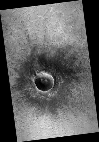 Zoomed-out view of the gully-streaked crater in the Martian northern hemisphere photographed by NASA's Mars Reconnaissance Orbiter on Jan. 15, 2017.