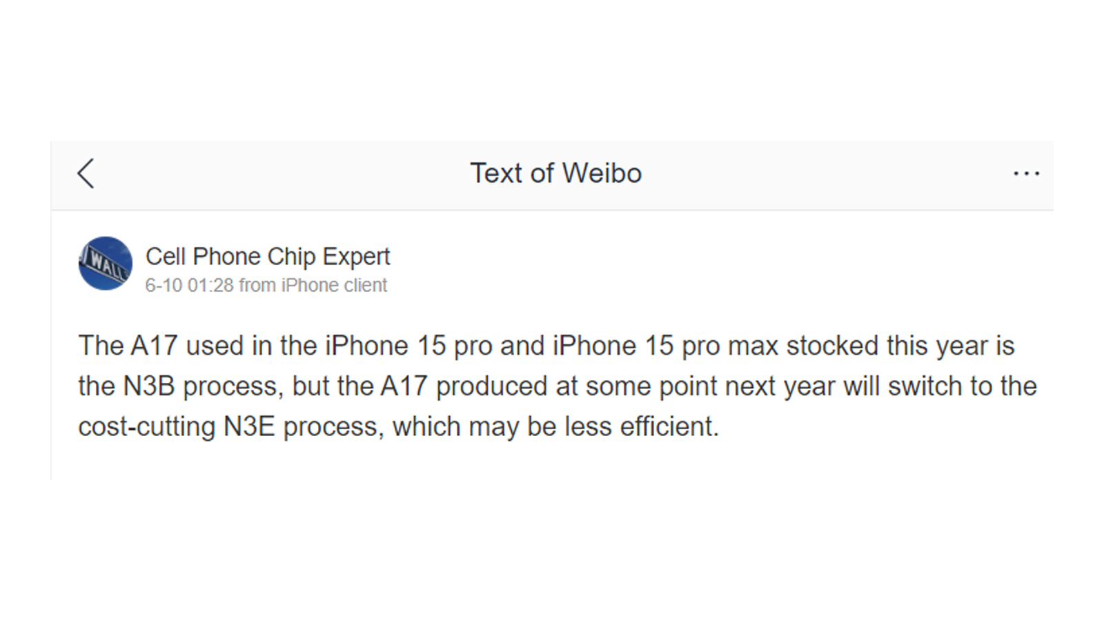 Ein Screenshot eines Beitrags von Cell Phone Chip Expert, in dem behauptet wird, Apple werde den Chip des iPhone 15 Pro im Laufe seiner Lebensdauer austauschen (maschinell aus dem Chinesischen übersetzt)