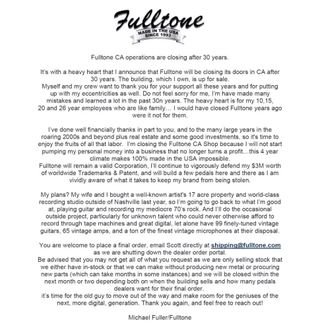 Fulltone memo allegedly reporting the closure of the CA factory