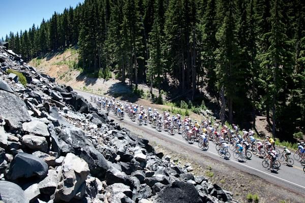 The peloton gets to the base of the climb.