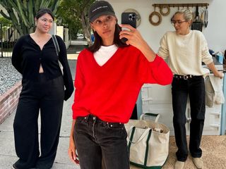 collage of three influencers Marina Torres, Tylynn Nguyen, and Lucy Williams wearing sweater outfits